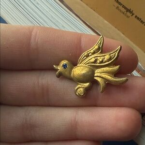 Vintage Gold Bird Brooch with Blue Gem